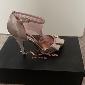 Nina Satin Peep-Toe Heels with Bow and Rhinestone Accent in Blush Pink